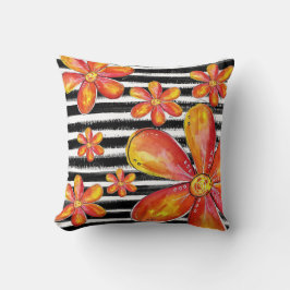 Almofada Flores Laranja em faixas Pretas