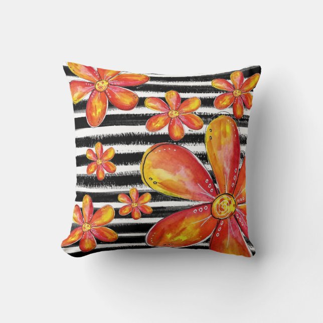 Almofada Flores Laranja em faixas Pretas (Frente)
