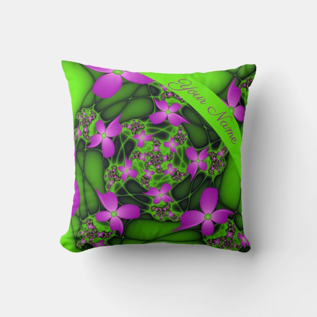 Almofada Flores Modernas Abstratas Neon Rosa Verde Nome (Frente)