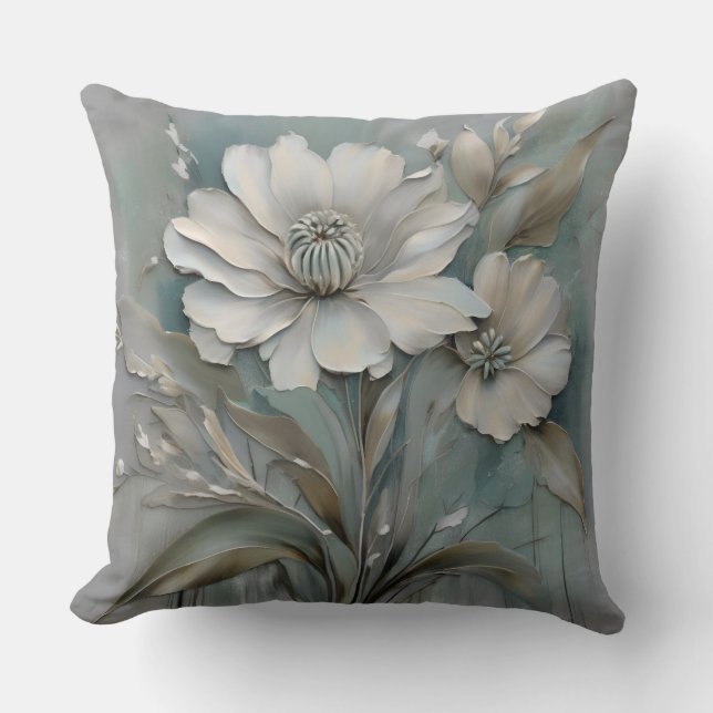 Almofada Flores Modernas Azul Teal Claro Cinza Bege Branco (Frente)