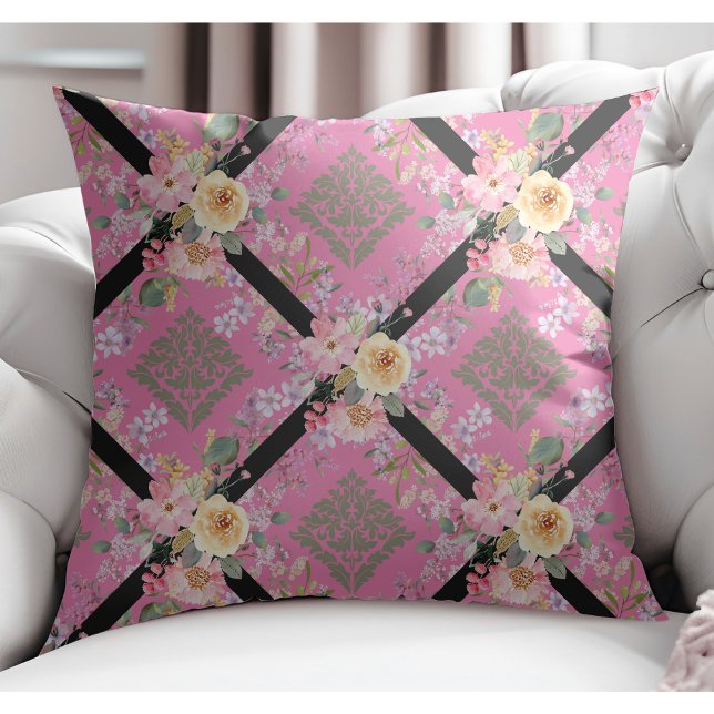 Almofada Flores Modernas Elegantes e Damasco Floral Rosa (Criador carregado)
