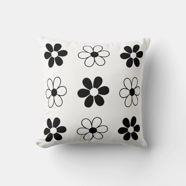 Almofada Flores Modernas em Preto e Branco sobre Branco (Frente)