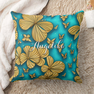 Almofada Flores Personalizadas Nome Azul Verde e Dourado