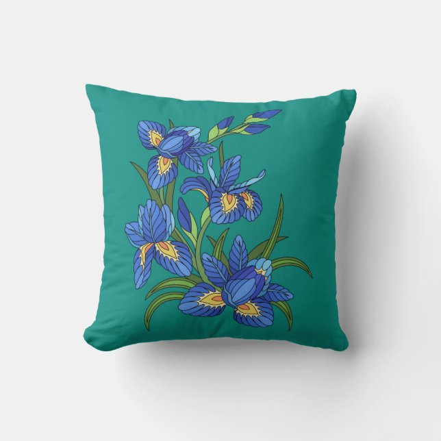 Almofada Flores Pintadas, íris azul bonita em azul-turquesa (Frente)