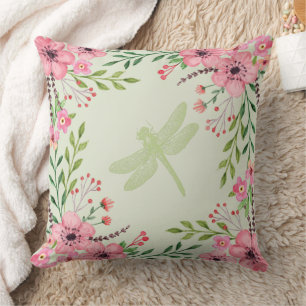 Almofada Flores Pintadas Rosa Dragonfly Verde