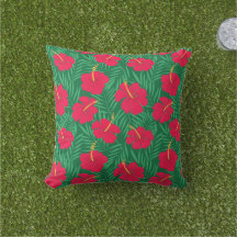 Flores Red Hibiscus em Folhas Tropicais Verdes