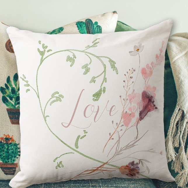 Almofada Flores Românticas de Aquarela Suave Amor  (Love Soft Watercolor Flowers Romantic Throw Pillow ©Susanne Sachers - Sunny Mind Design)