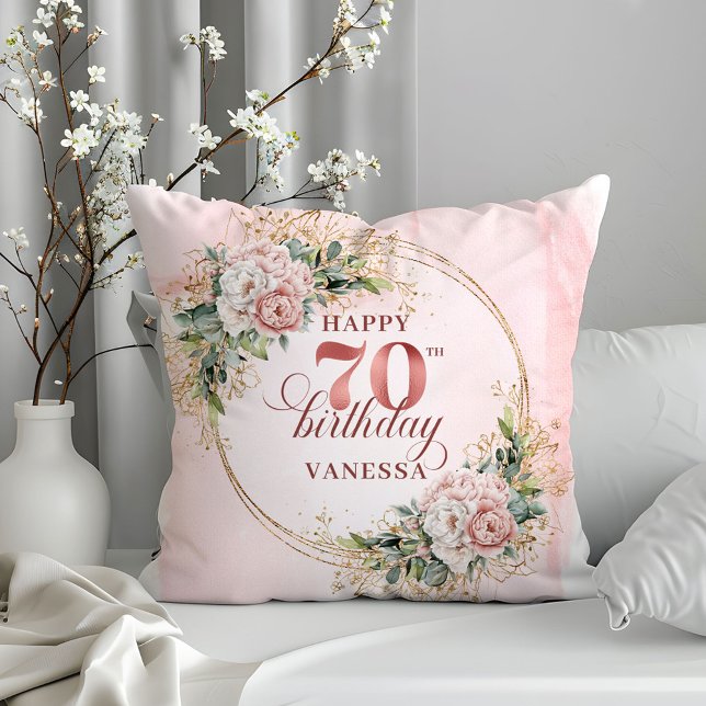 Almofada Flores Rosa Claro Brilhante Travesseiro 70º Aniver (Shimmering Light Pink Flowers Pillow 70th Birthday Pillow)