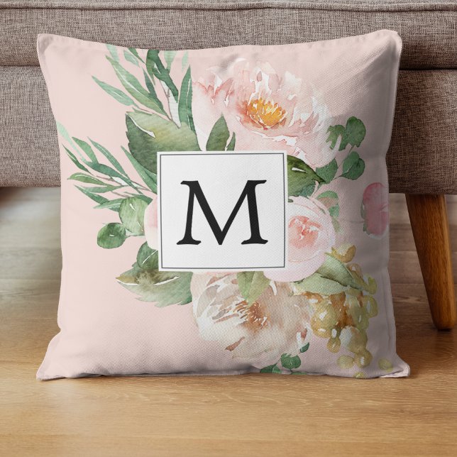 Almofada Flores Rosa Cor-de-Água Moderna Monogramadas (Criador carregado)