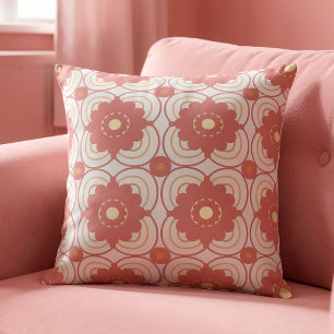 Almofada Flores Rosa Coral Sobre Creme