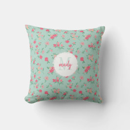 Almofada Flores Rosa-Densas Monogramadas Em Teal