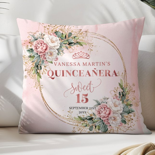Almofada Flores Rosa Empoeiradas Verde Perfeito Presente 15 (Dusty Pink Flowers Greenery Perfect Gift 15th Pillow)