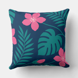 Almofada Flores Rosa Tropical e Desenho de Folhagem Verde