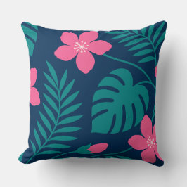 Almofada Flores Rosa Tropical e Desenho de Folhagem Verde