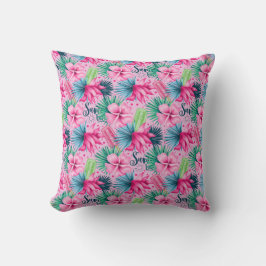 Almofada Flores Rosa Verde Azul Floral Brilhante Tropical