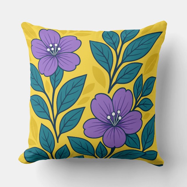 Almofada Flores Roxas & Folhas Azul-turquesa em Fundo Amare (Frente)