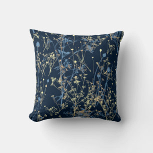 Almofada Flores Selvagens Elegantes em Amarelo Azul Escuro