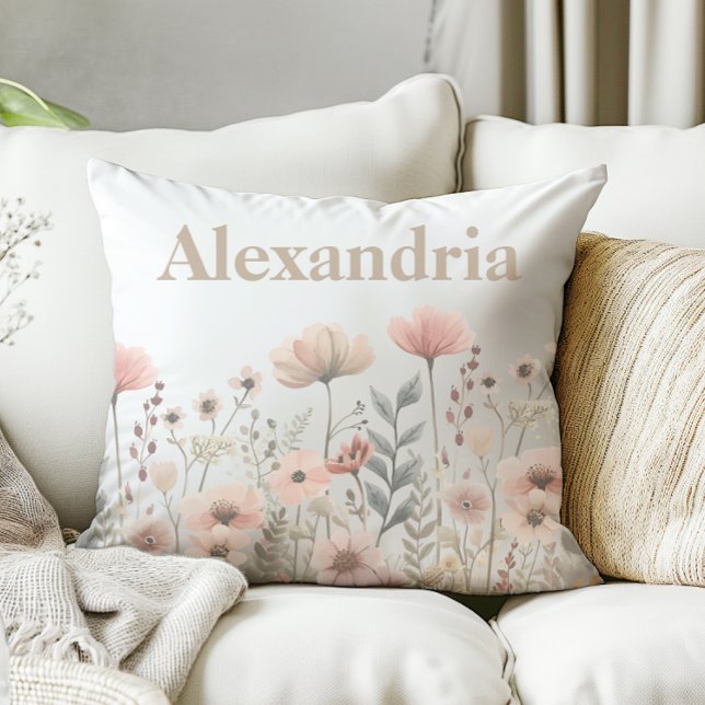 Almofada Flores silvestres de cor rosa botânica (pretty watercolor wildflower pillow)