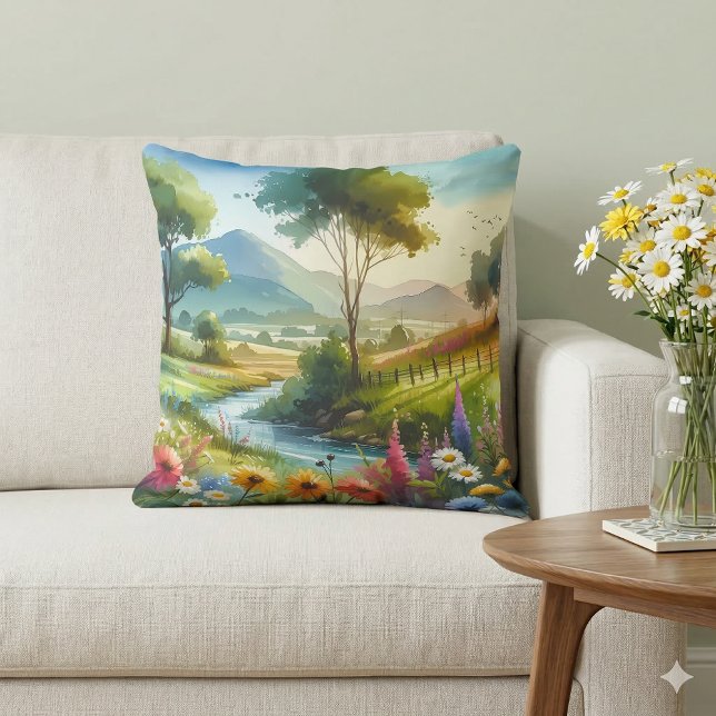 Almofada Flores silvestres e riacho no Spring Valley (Wildflowers and Stream in Spring Valley Throw Pillow Mockup A)