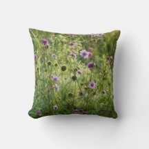 Flores silvestres roxas num prado verde