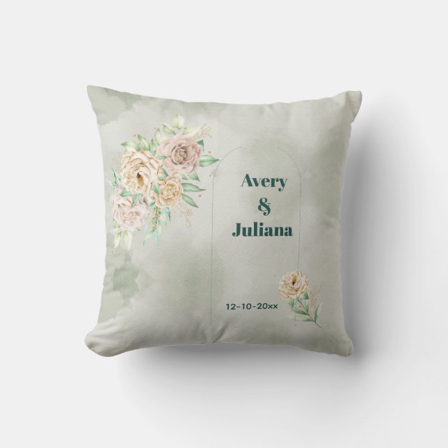 Almofada Flores Tons Terrosos Boho Elegante Verde Sálvia (Frente)