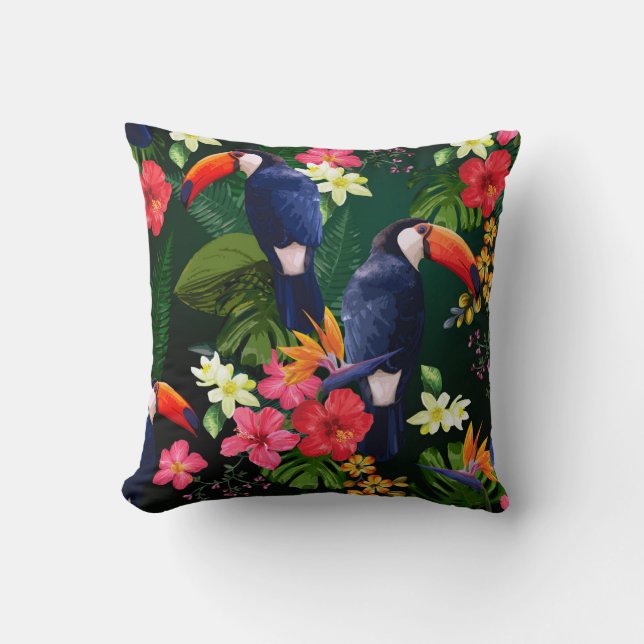 Almofada Flores tropicais, tucano: fundo floral. (Frente)