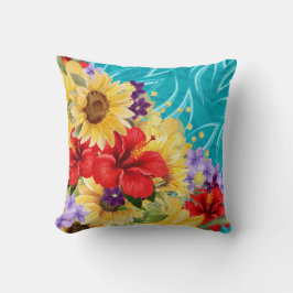 Almofada Flores Vermelhas, Amarelas, Roxas em Aqua