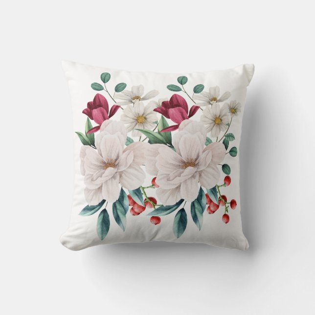 Almofada Flores Vermelhas Brancas Vegetação Foliagem Frutas (Frente)