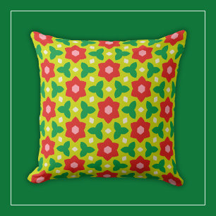 Almofada Flores Vermelhas em Floral Geométrico Moderno Verd
