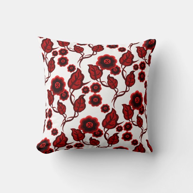 Almofada Flores vermelhas, folhas vermelhas, Folk art flora (Frente)
