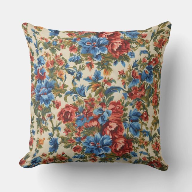 Almofada Flores Vermelhos e Azuis com Folhas Lush Italianas (Frente)