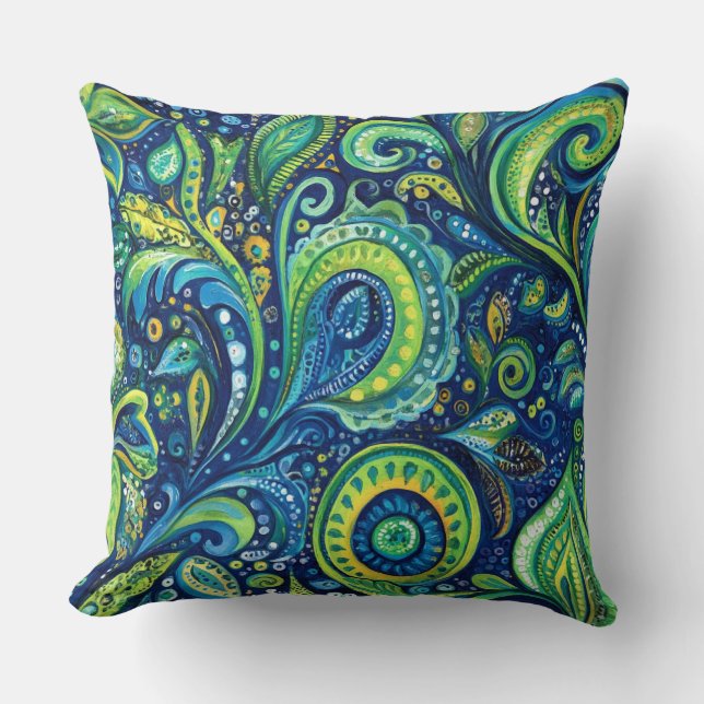 Almofada Flores Whimsical Azul Verde limão Teal (Frente)