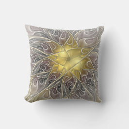 Almofada Florescer Com Flor Fractal Abstrata Moderna Dourad