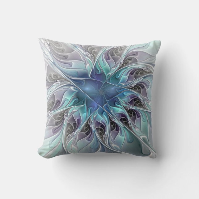 Almofada Florescer Fractal Floral Moderno Abstrato Com Azul (Frente)