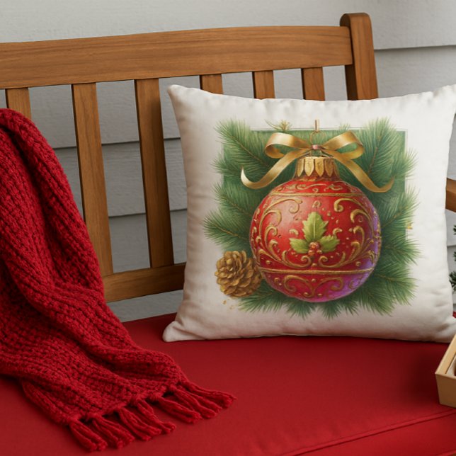 Almofada Florescimento Dourado Ornamento Vermelho & Pinheir (Criador carregado)