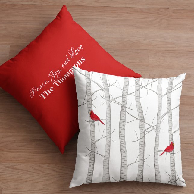 Almofada Floresta Botânica Vermelha Cardinal Botânica (Red cardinal and birch tree custom winter throw pillow)