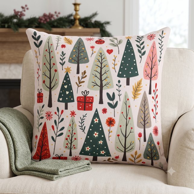 Almofada Floresta de Árvores de Natal Caprichosas (Whimsical Christmas Tree Forest Throw Pillow)