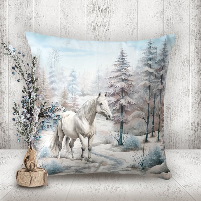 Almofada Floresta de neve Cena de inverno do Cavalo Natal (Snowy forest Horse winter scene Christmas Throw Pillow)