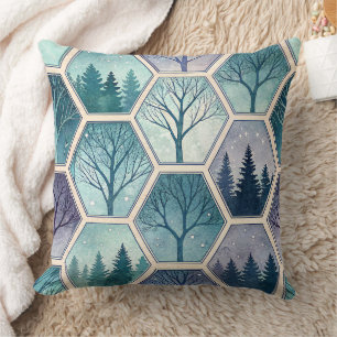 Almofada Floresta Geométrica de Inverno – Árvores em Hexágo