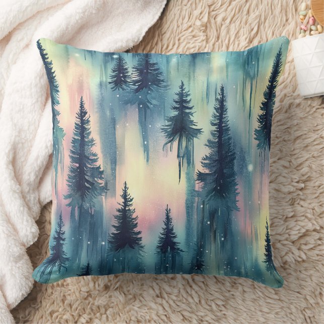 Almofada Floresta Noturna da Aurora Boreal Escura (10) (Cobertor)