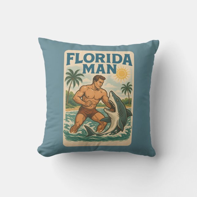 Almofada Florida Man Coastal Shark Wrestler - Retro Beach (Frente)