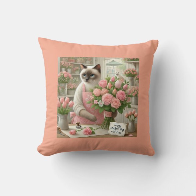 Almofada Florista de Gato com Flores para Dia de as mães de (Frente)