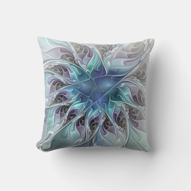 Almofada Flourar Abstrato Moderno Flor Fractal Com Azul (Frente)