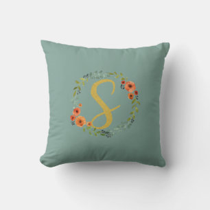 Almofada Flower Wreath Dourado Monograma Inicial S Cushion