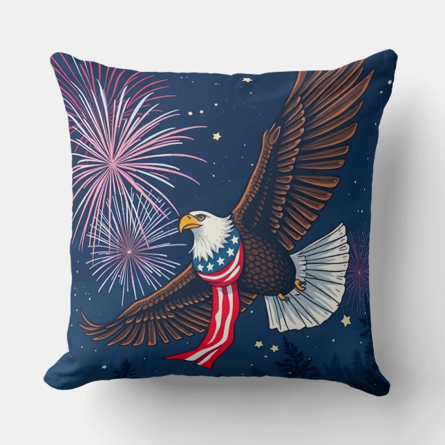 Almofada Flying Bald Eagle with USA Flag Scarf & Fireworks (Frente)