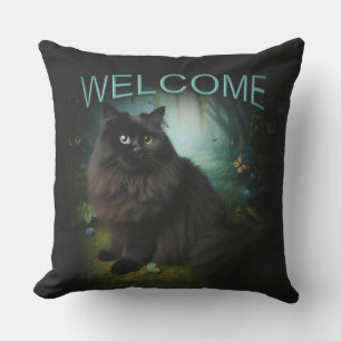Almofada Fofo Gato Negro na Mistura Woods Bem-vindo