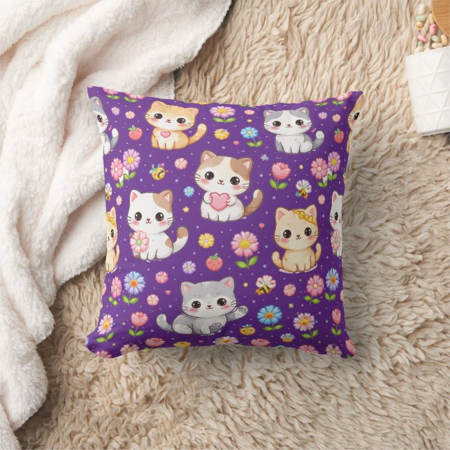 Almofada Fofos Gatinhos Kawaii e Flores Pastel (Cobertor)