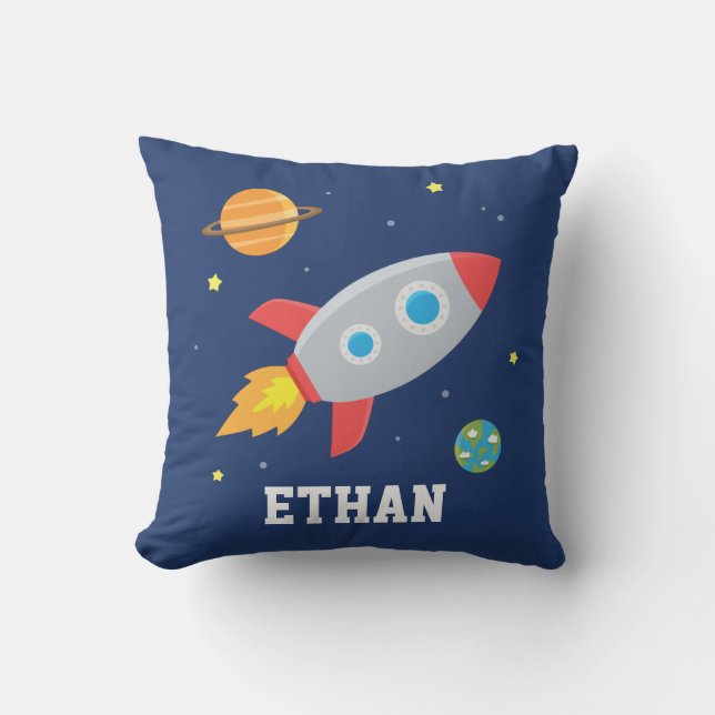 Almofada Foguete no Espaço, Planeta e Estrelas, Berçário (Frente)