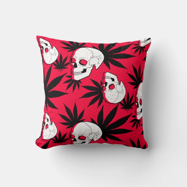 Almofada Folha de Erva-Maconha e Caveiras em Vermelho (Frente)