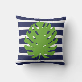 Almofada Folha de Monstera Azul Marinho e Listra Branca Cos
